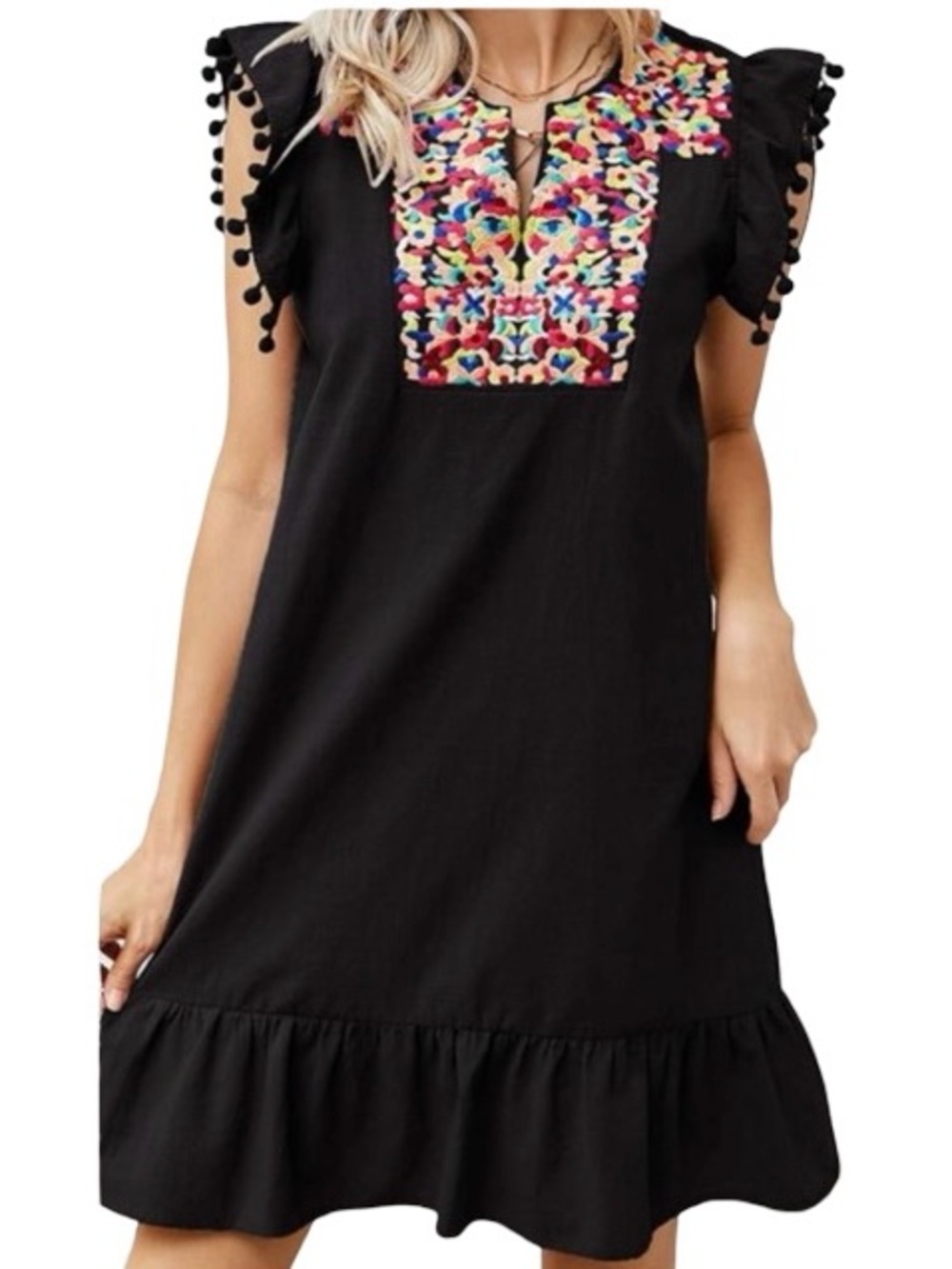 Kirundo Black Multicolor Embroidered Floral Peasant Tassel Boho Dress Size Large